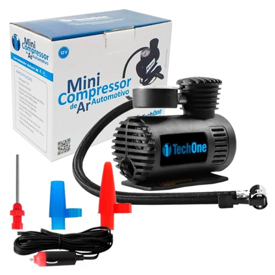 Mini Compressor De Ar Automotivo Portátil 12v TechOne 300 Psi Com 3 Adaptadores