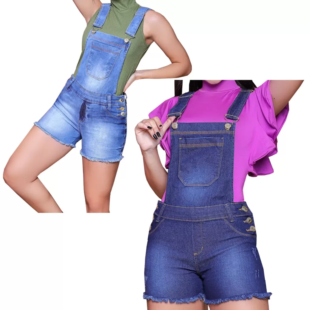 Kit 2 Jardineiras Femininas Jeans Short Elastano Lycra Roupas Femininas