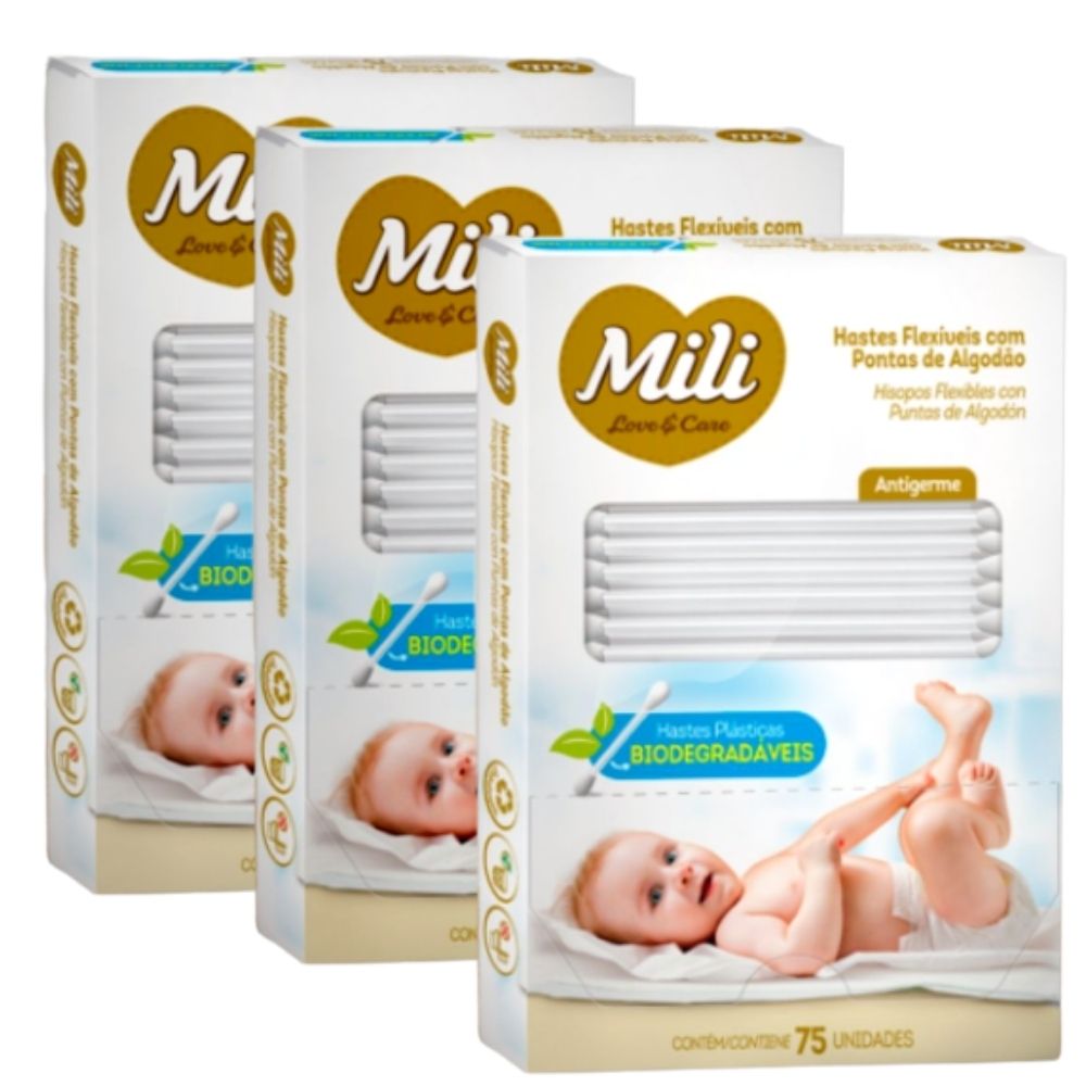 Cotonete Hastes Flexiveis 3 caixas c/ 75 unidades Biodegradável – MILI (total: 225 hastes)