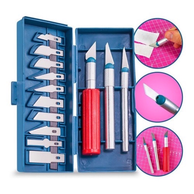 Estilete Precisão Cortador Manual 3 Cabos 13 Laminas Kit Com Maleta