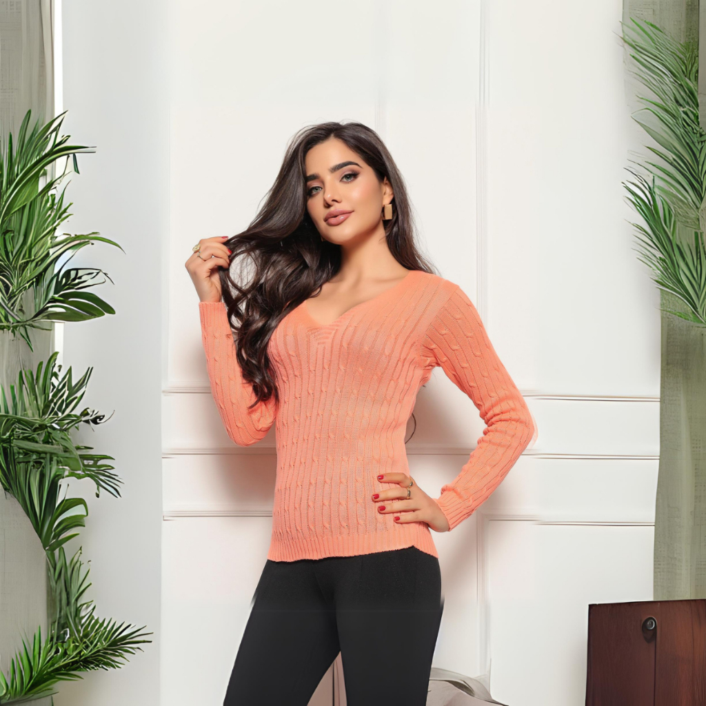 Blusa de Frio Feminina Tricô Sueter Feminino Trança Tricot Blusa Feminina Gola V