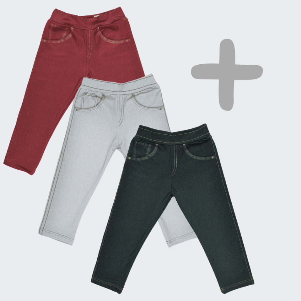 Kit 3 Calças Fake Jeans MiniBoo Proteção Solar 50+ para bebês e Infantil – Cores: Preto, Cinza e Bor