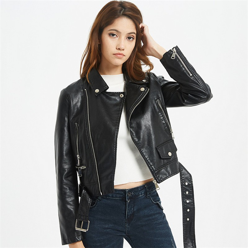 New Autumn Women Pu Leather Jacket Woman Zipper Belt Short Coat Female Black Punk Bomber Faux Leathe