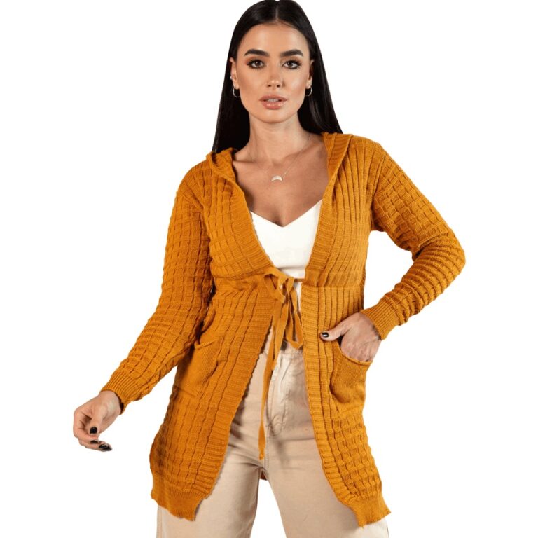 Parka Feminina Tricot Touca e Bolso Outono Inverno