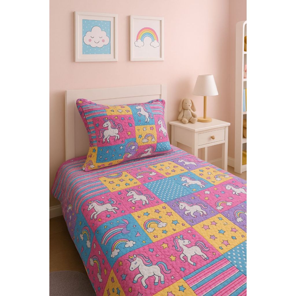 Kit Colcha Cobre Leito Infantil E Adulto 2 Peças Solteiro Bouti Dupla Face Com Viés Liso e Estampado