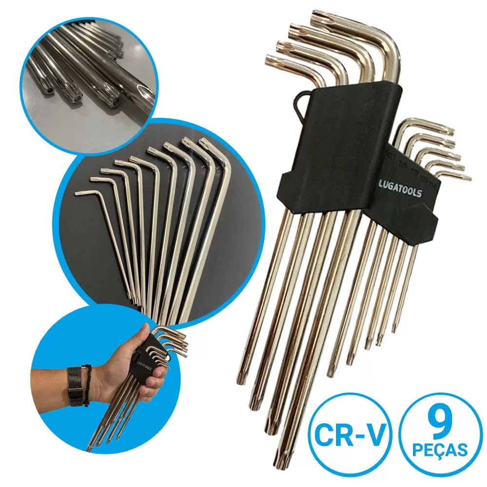 Kit Chave Torx Tork Torque Tipo L Com Furo Guia T10 à T50 Vanádio 9pcs Extra Longo Niquelado Crv Hex