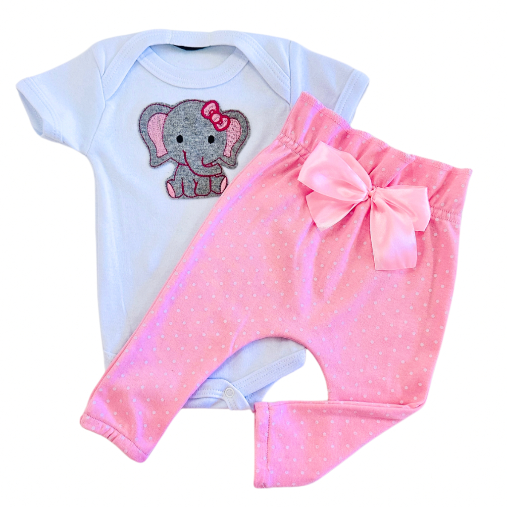 Conjunto Roupa Menina Bebê Algodão Manga Curta com Aplique Bordado Calça e Body Roupinha Bebês luxo
