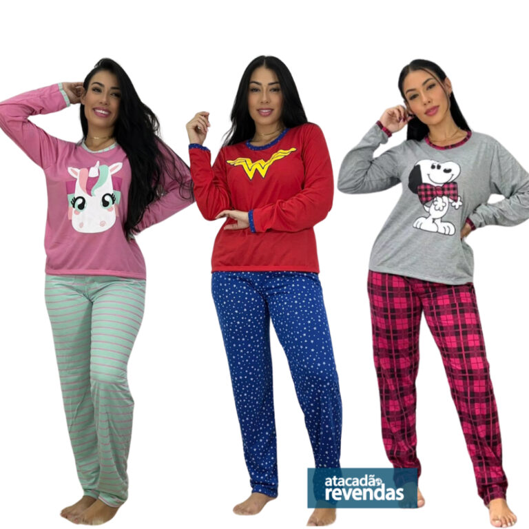 Pijama Longo Feminino Malha Adulto Manga Comprida 
