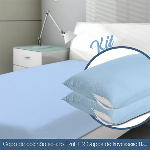 Capa Colchão Solteiro Azul + 2 Capas de Travessei