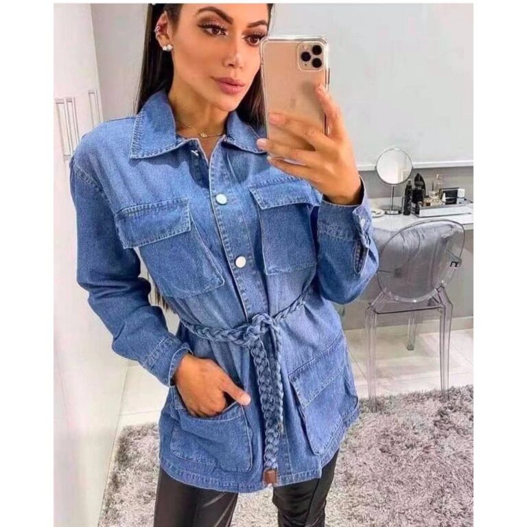 Parka Jaqueta Jeans Feminino Com Cinto trança
