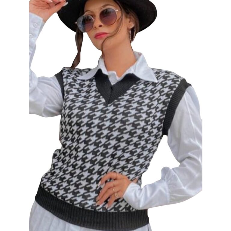 Colete Feminino Tricot Tricô Pied Poule