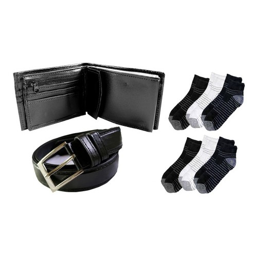 Kit 1 Cinto + 1 Carteira De Couro + 6 Pares Meia