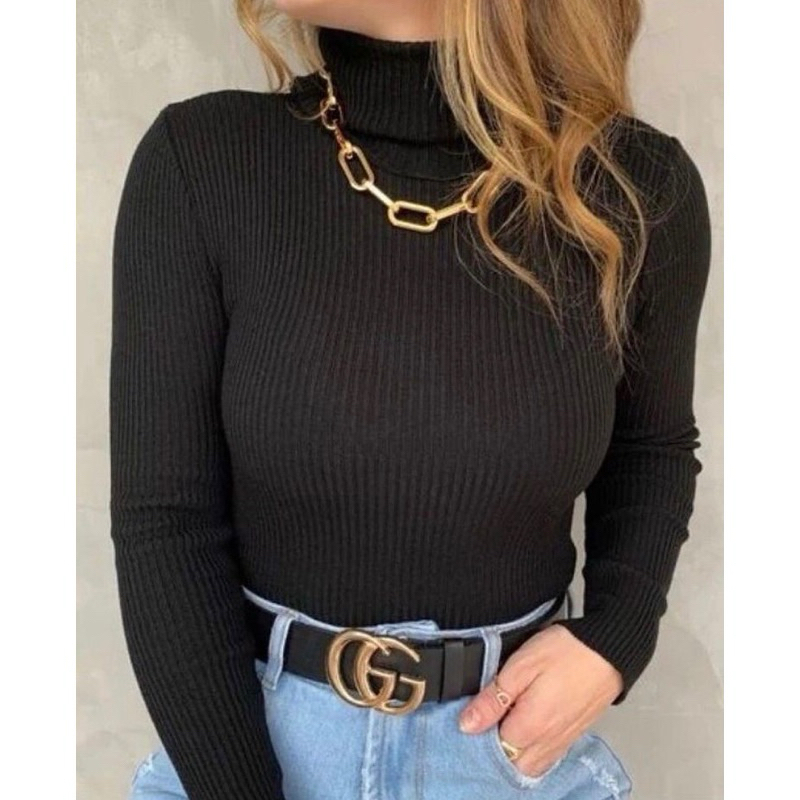 Blusa De Frio Cacharrel Feminina Gola Alta Trico Canelada