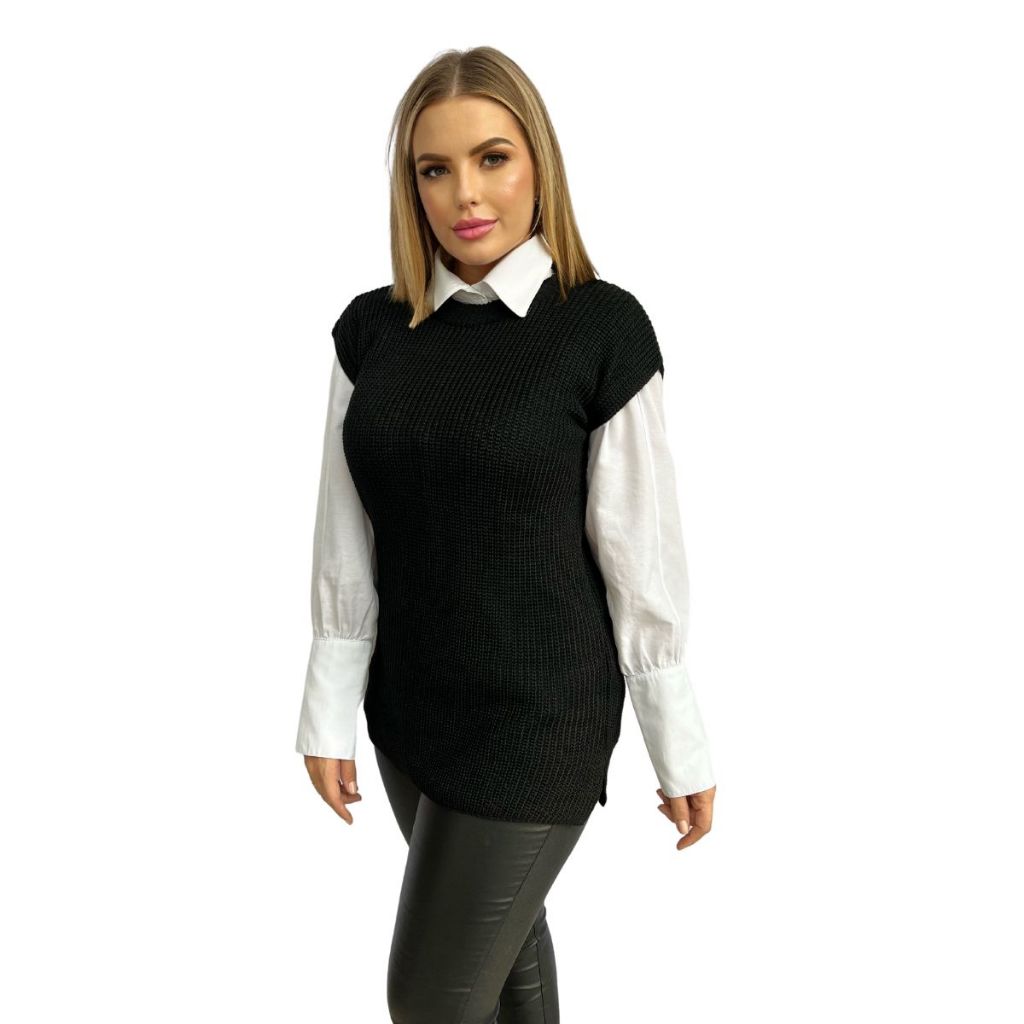 Colete Max Fang Canelado Fenda Lateral Tricô Tricot Pullover