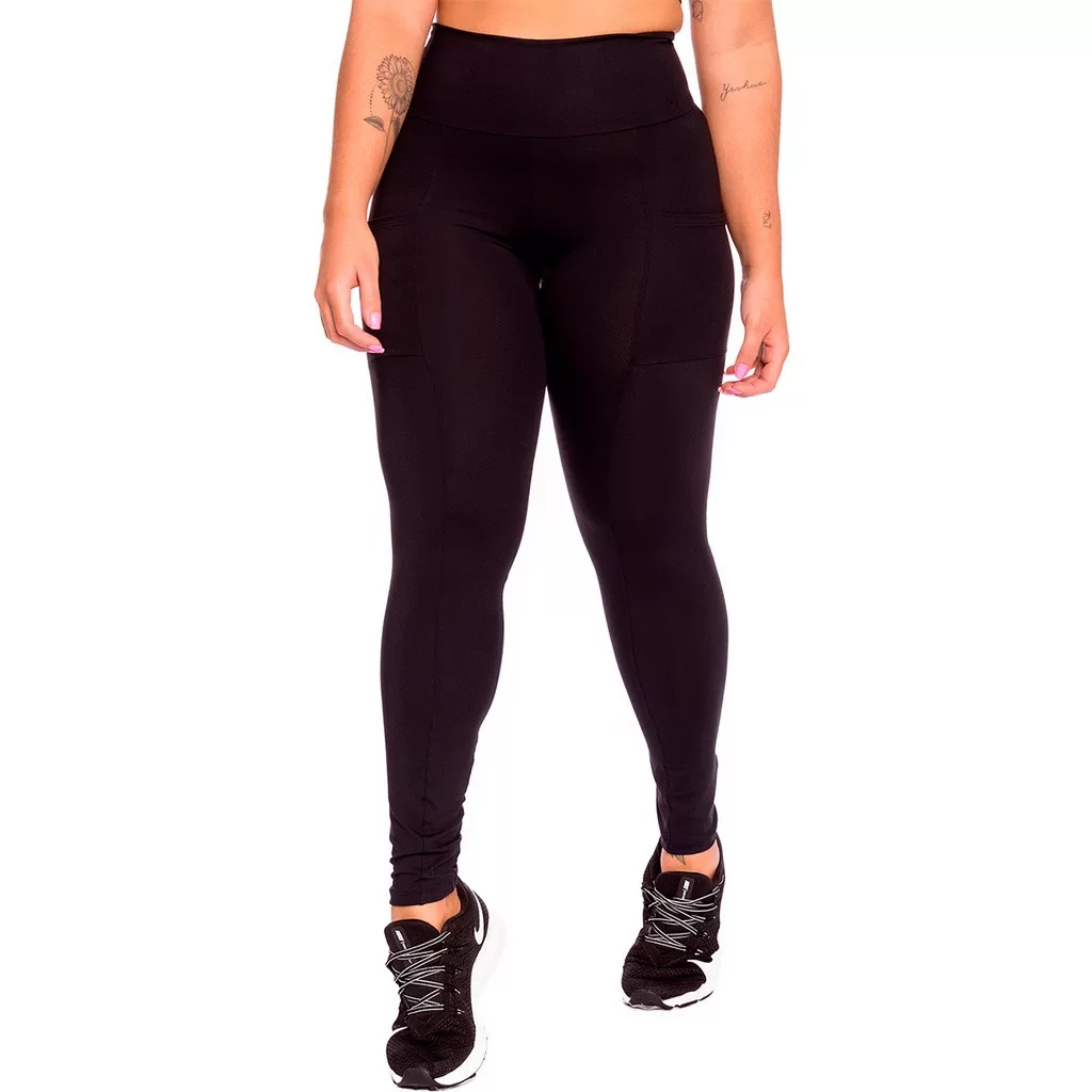 Legging Feminina Cintura Alta Com Bolsos Laterais Preta Massam Fitness