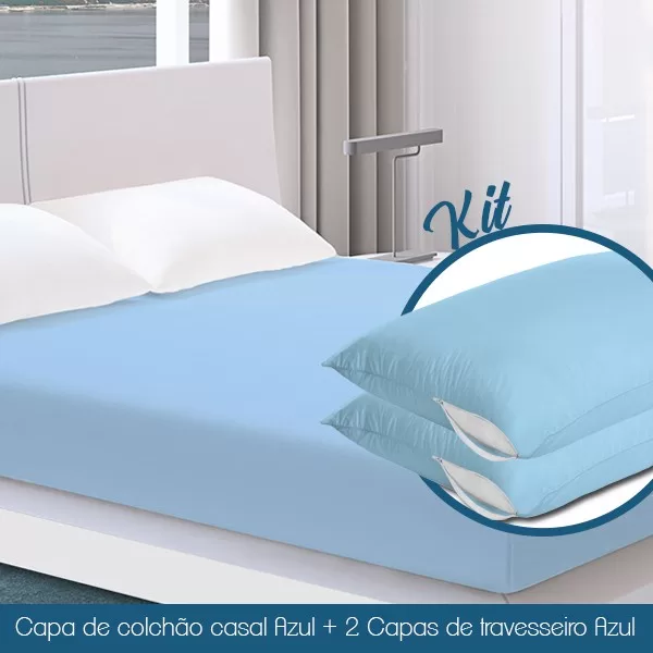 Capa Colchão Casal Azul + 2 Capas de Travesseiro 