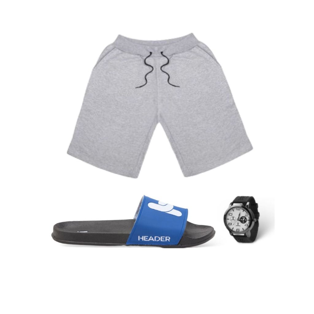 Kit Chinelo Masculino Header Slide Boleiro Confortável + Bermuda + Relógio