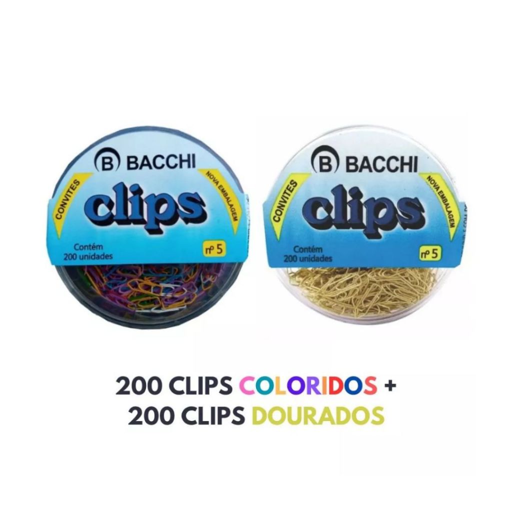 Clips Metálico Mini Dourado e Colorido 200 Unidades Tamanho 5 – Bacchi
