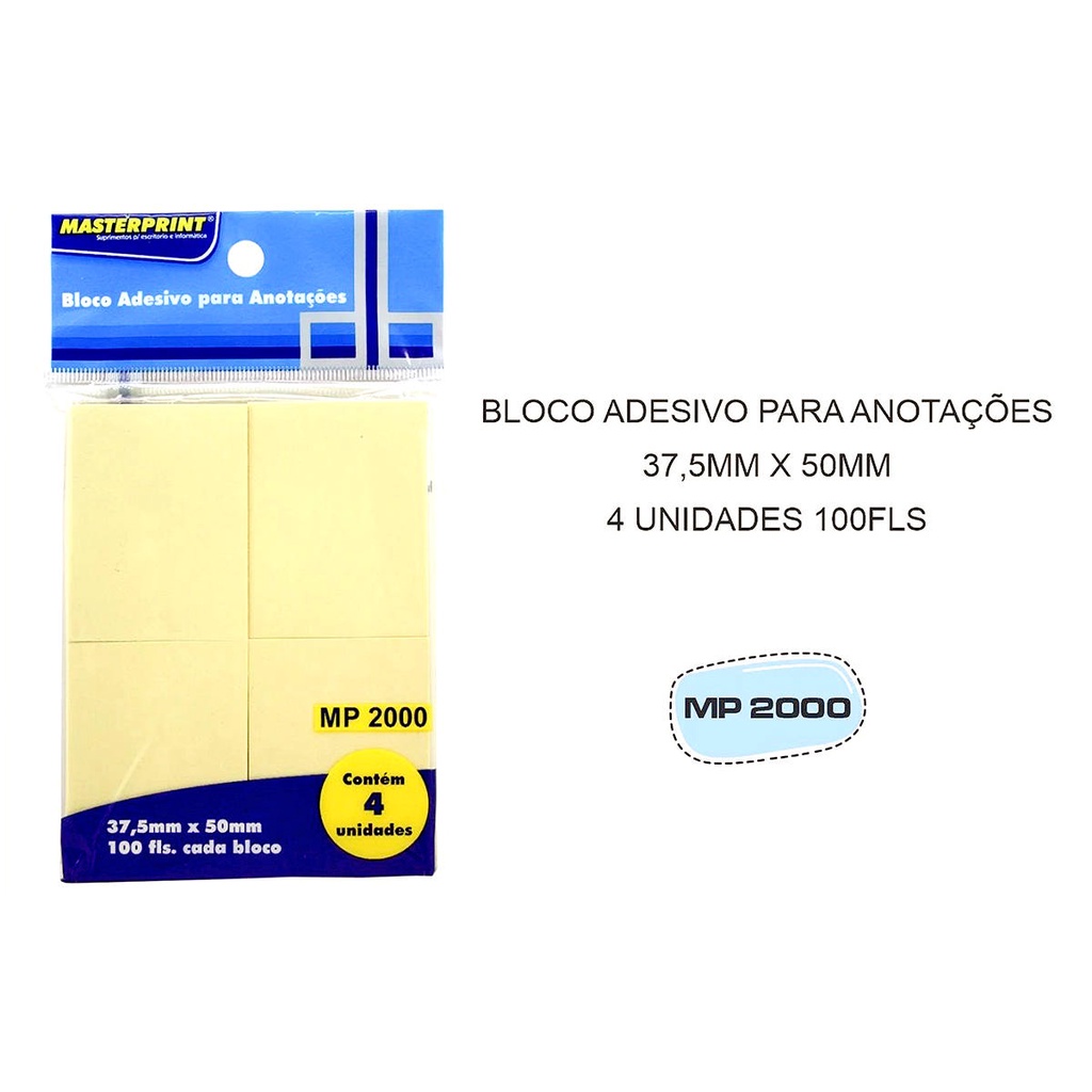 Bloco Adesivo para Anotações Amarelo 37.5x50mm com 4 Blocos de 100 Folhas cada Masterprint MP2000