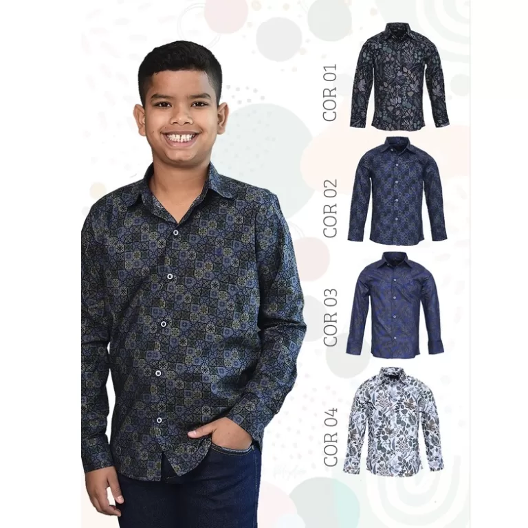 Camisa Social Estampada Manga Longa Infantil Juven