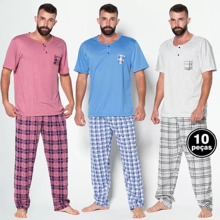 Kit 10 Pijama Masculino Longo Malha Detalhe Bolso 