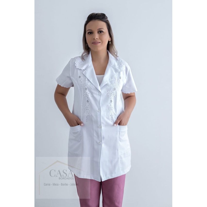 Jaleco Feminino Branco Bordado Tecido Microfibra ref : 978