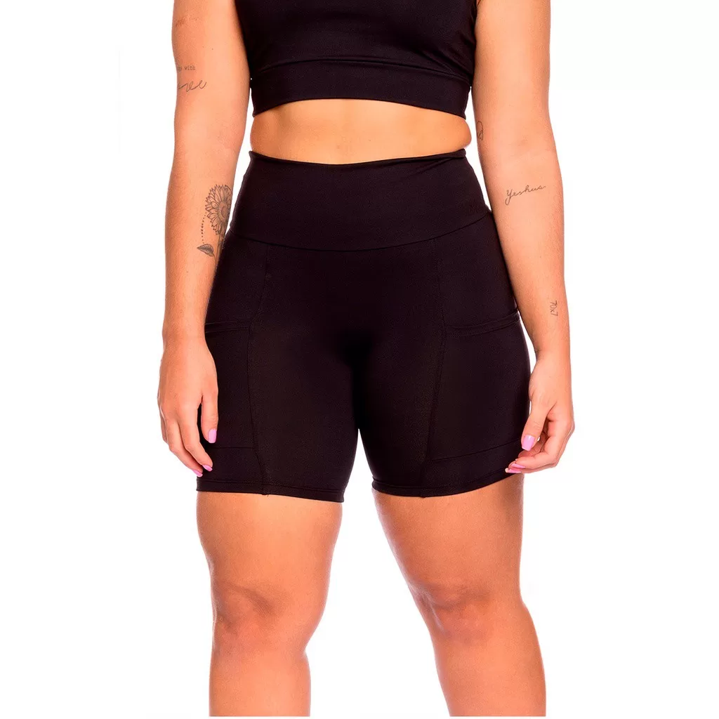 Bermuda Feminina Cintura Alta Com Bolsos Laterais Preta Massam Fitness