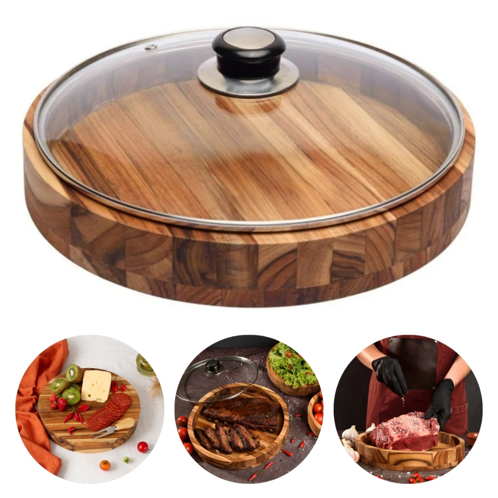 Gamela em Madeira para Churrasco, Porções e Mesa Posta com Tampa de Vidro 30,5cm