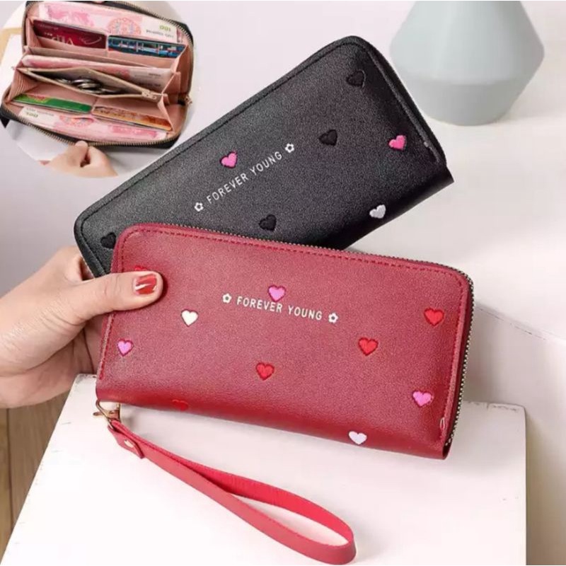 Carteira Feminina + alça de mão porta celular, cartão, documento, moedas coração COM/ SEM POMPOM