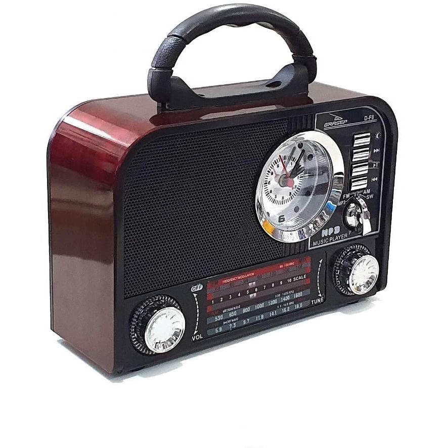 CAIXA DE SOM GRASEP D-F8 RETRÔ MARROM RÁDIO AM/FM/SW INTEGRADO