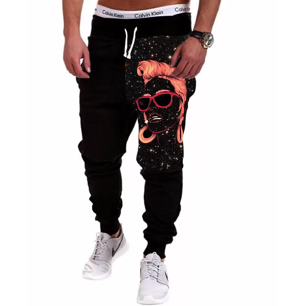 Calça Masculina de Moletom Estampado por Sublimação Esboço Vermelho Mulher Fundo Galáxia A214