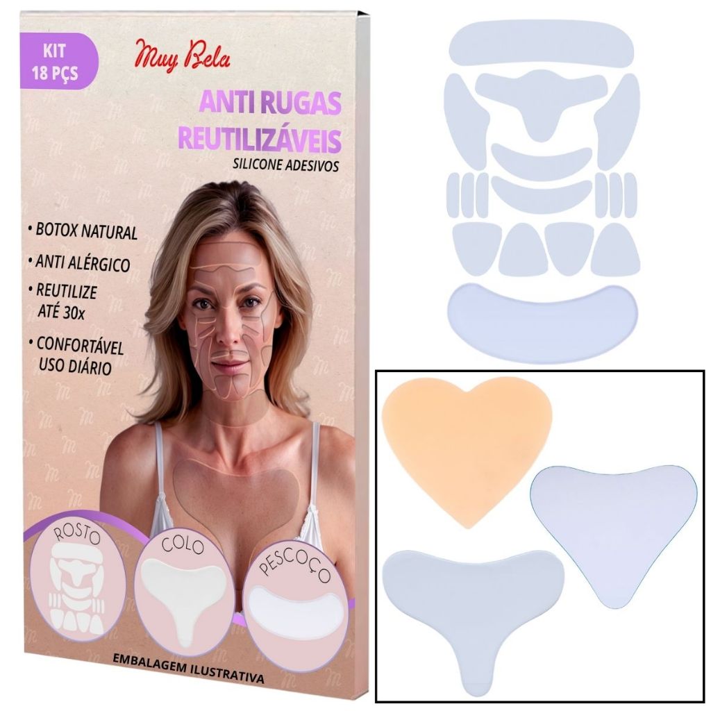 Silicone Reutilizável para Rugas do Rosto, Pescoço e Colo Adesivo Skin Care Muy Bela Colágeno Natura