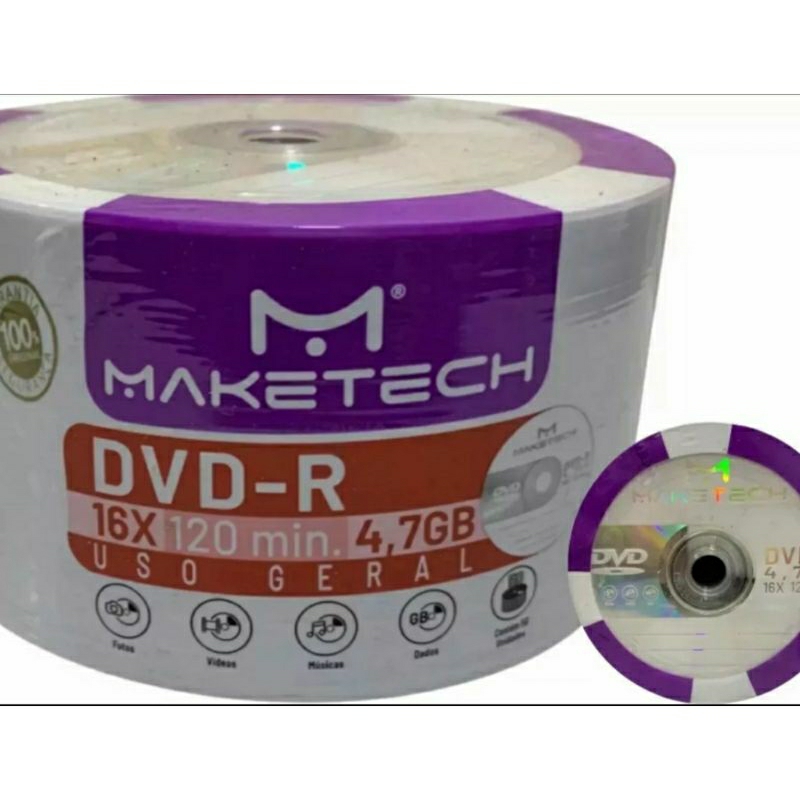 50 DVD-R MAKETECH LOGO 4.7 GB 120 MINUTOS 16X ORIGINAL NÃO GRAVA JOGOS