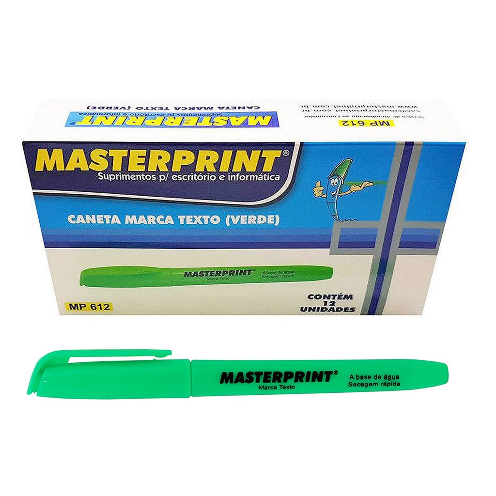Caneta Marca Texto Verde com Ponta Chanfrada Masterprint MP612 Caixa c/ 12 Unidades