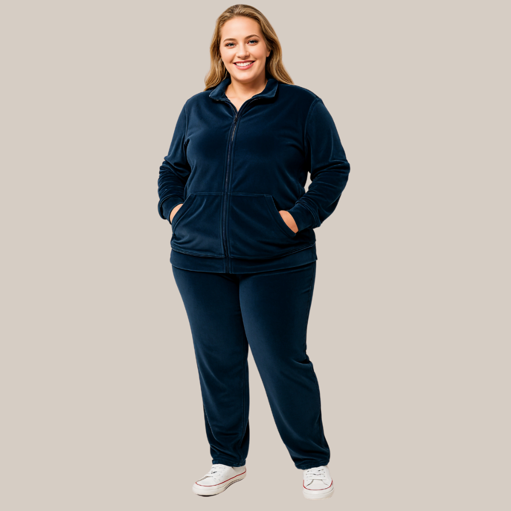 Conjunto Plush Feminino Aveludado Veludo Zíper Bolso Bolsos Blusa Frio Calça Plus Size