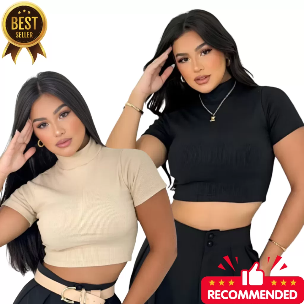 Cropped Gola Alta Manga Curta Básico Canelado