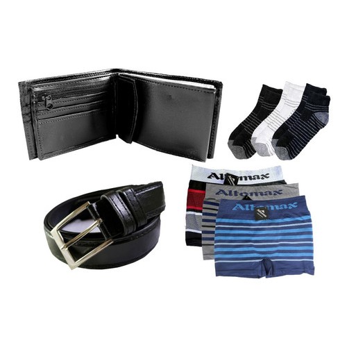 Kit Cinto + Carteira De Couro + 6 Pares Meia + 3 C