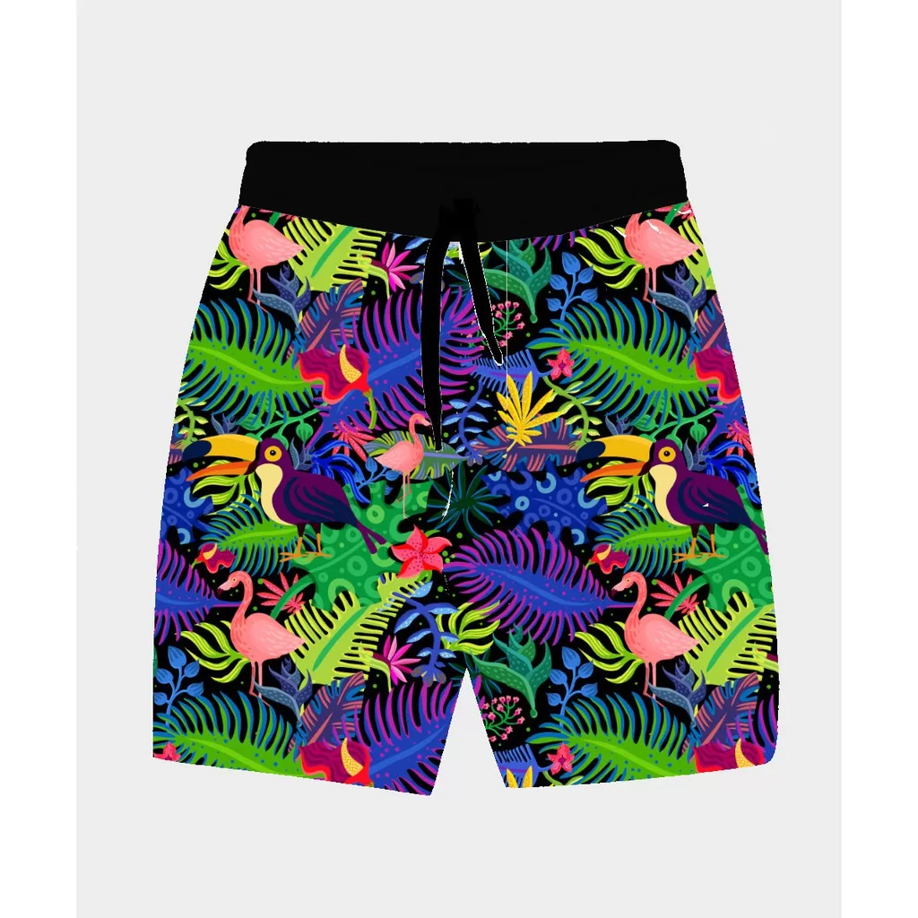 Bermuda Masculina de Moletom Estampada Por Sublimação Passáros e Folhagens Coloridas A08