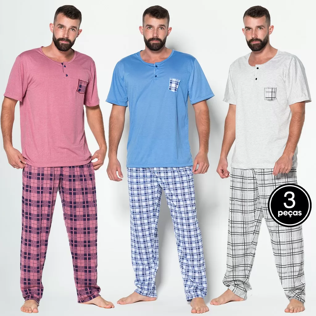 Promoção Kit 3  Pijama Masculino Detalhe Bolso  Conjunto Dormir  Calça Xadrez Longa