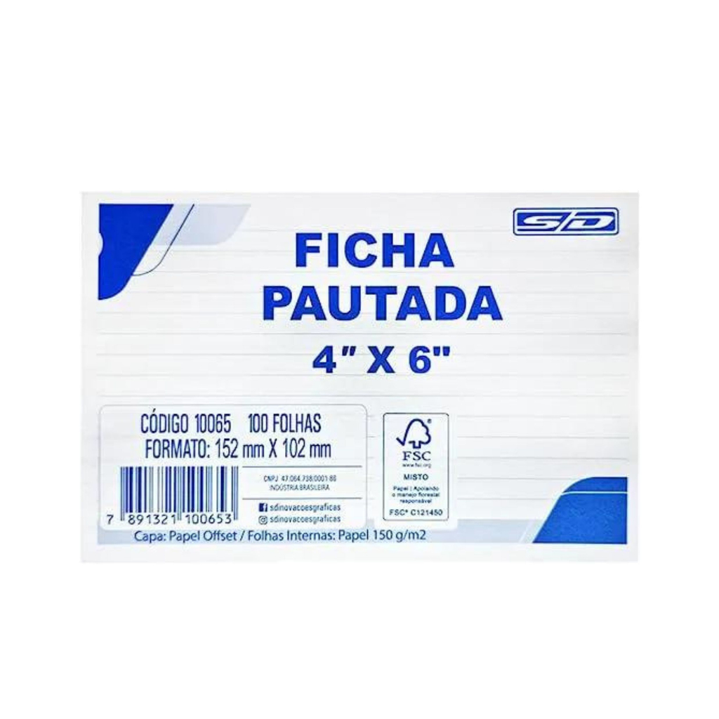 Ficha Pautada 4×6 (152 x 102 mm) 100 e 200 fichas – Animativa (São Domingos)