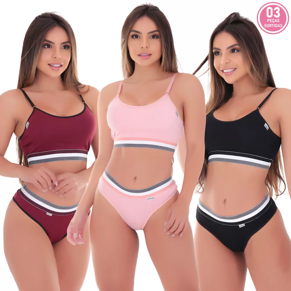 Kit 3 Conjuntos Top Listra + Tanga Fio Sexy Listra