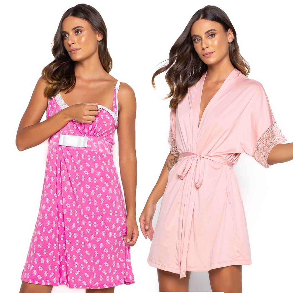 Kit Camisola Amamentação Maternidade Com Robe Feminino Conjunto Gestante 238+231