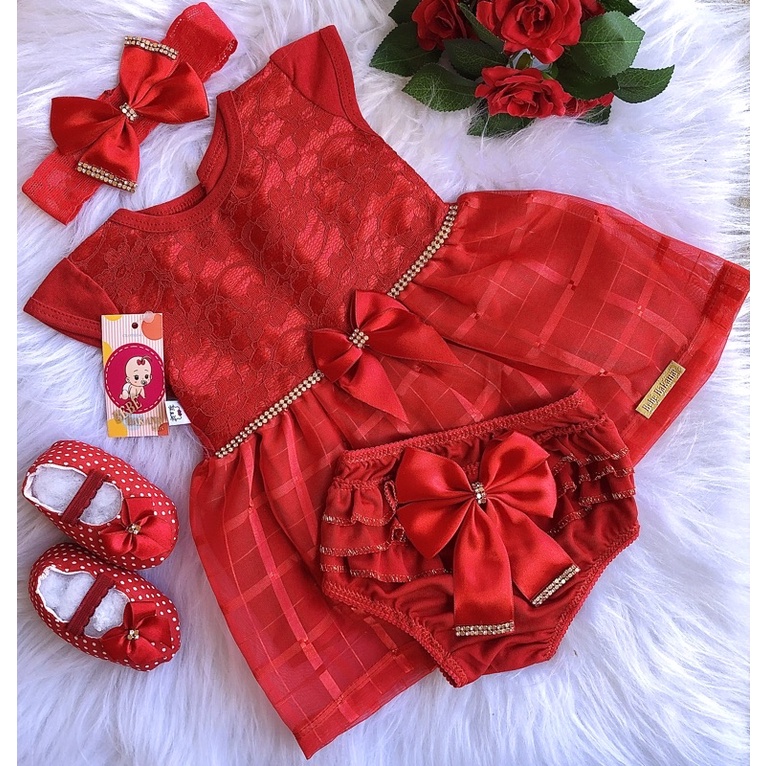 vestido para bebês com sapatinho calcinha tiara e