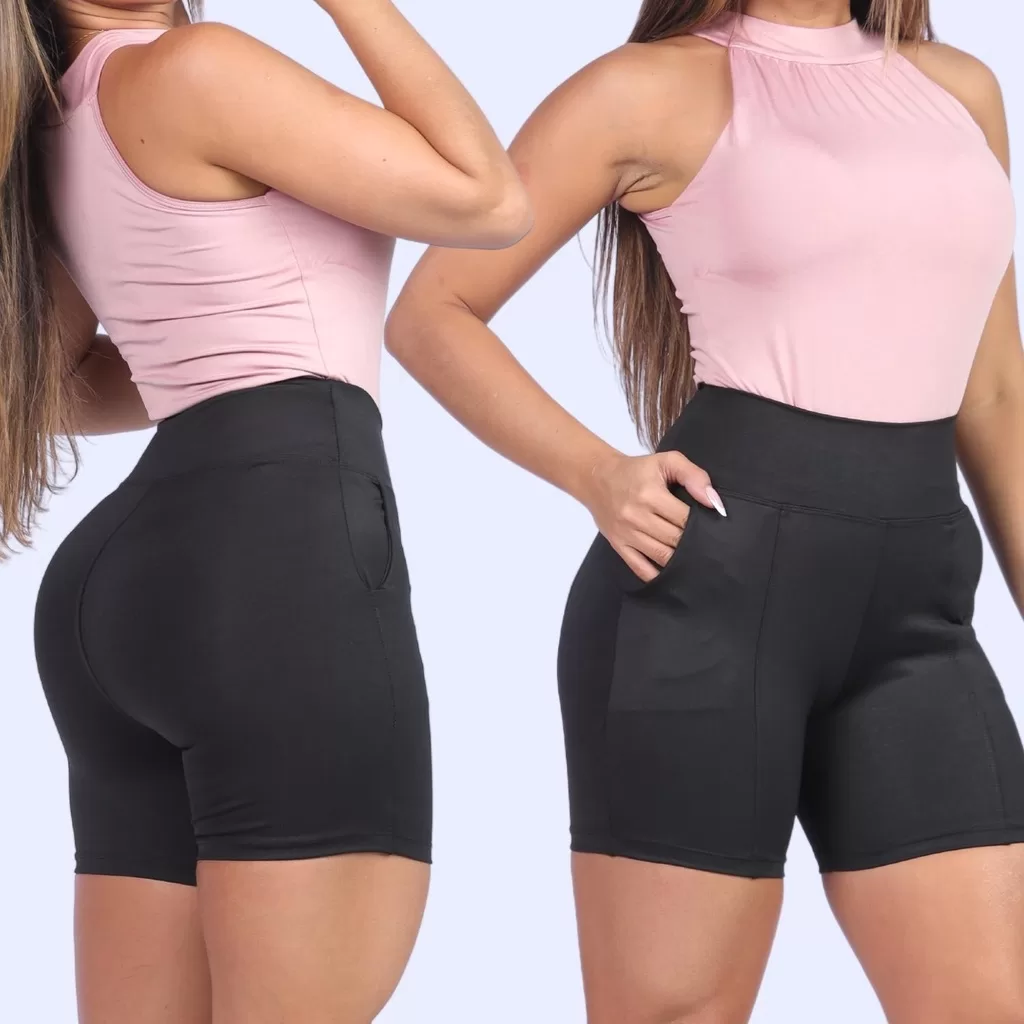 Short Legging Feminino Meia Coxa Com Bolso Cintura Alta
