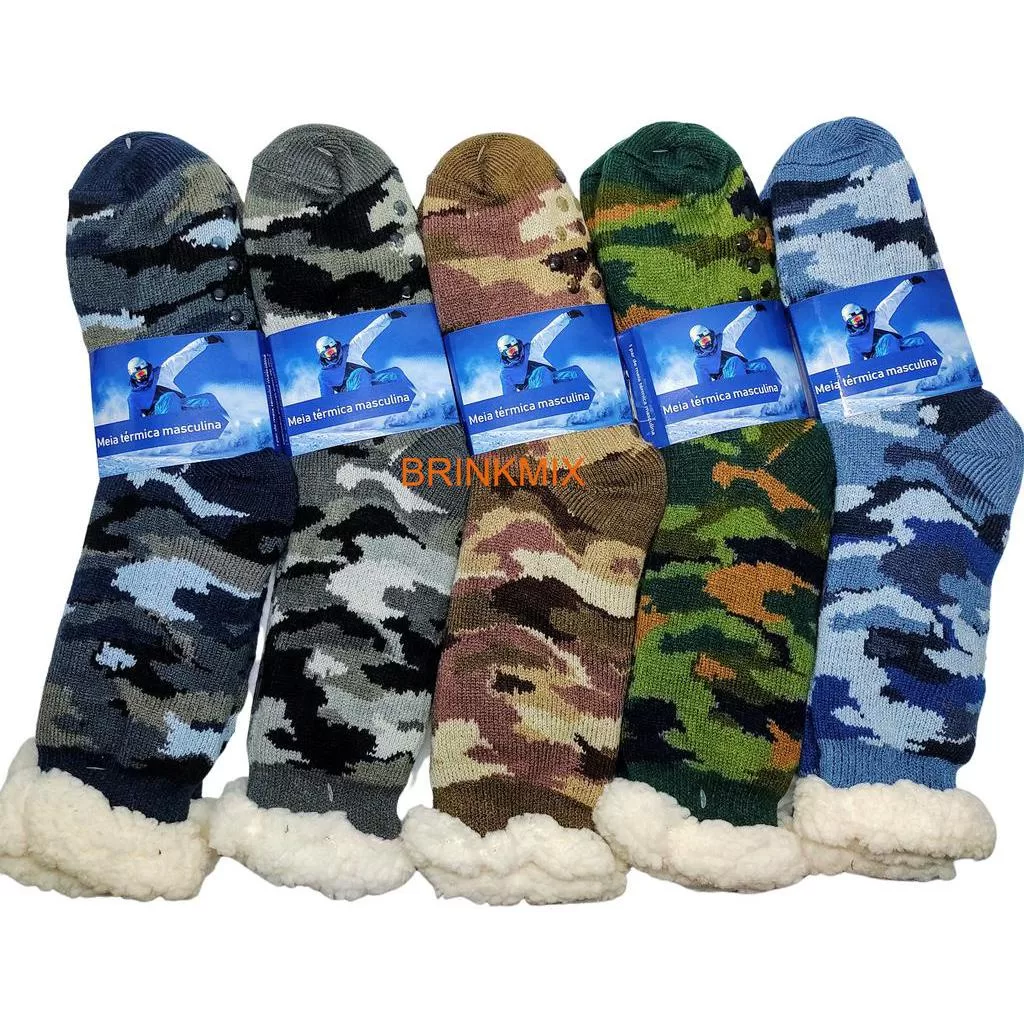 01 Par Meia Térmica Masculina Estampa Militar Peluciada Interna Super Quente  Calça 40 a 44
