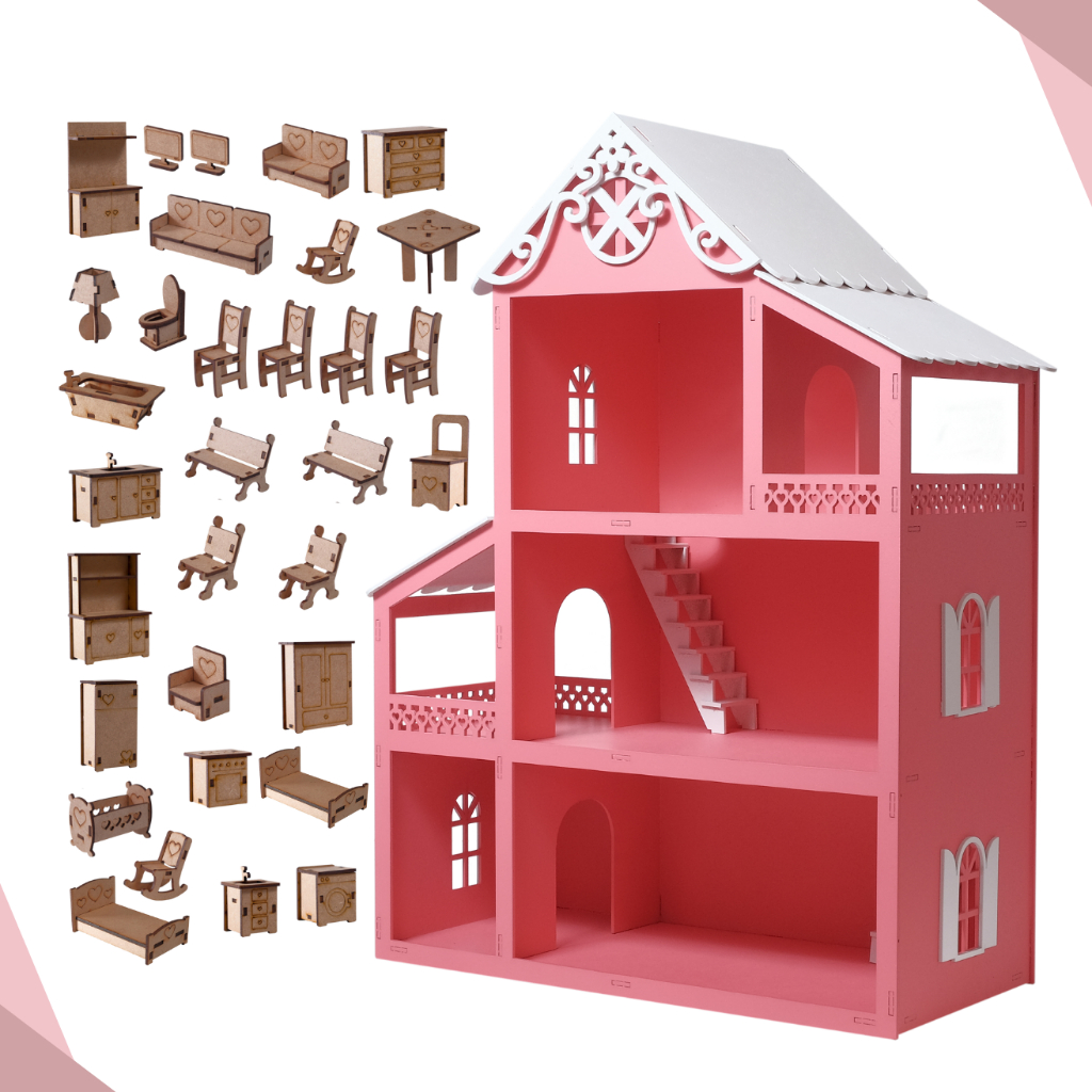 Casa Casinha Boneca Polly MDF MONTADA pintada mais kit moveis cru 20 peças