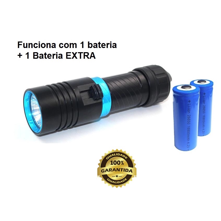 Lanterna De Mergulho Profissional Super Potente Led Cree T6  + 1 Bateria Extra