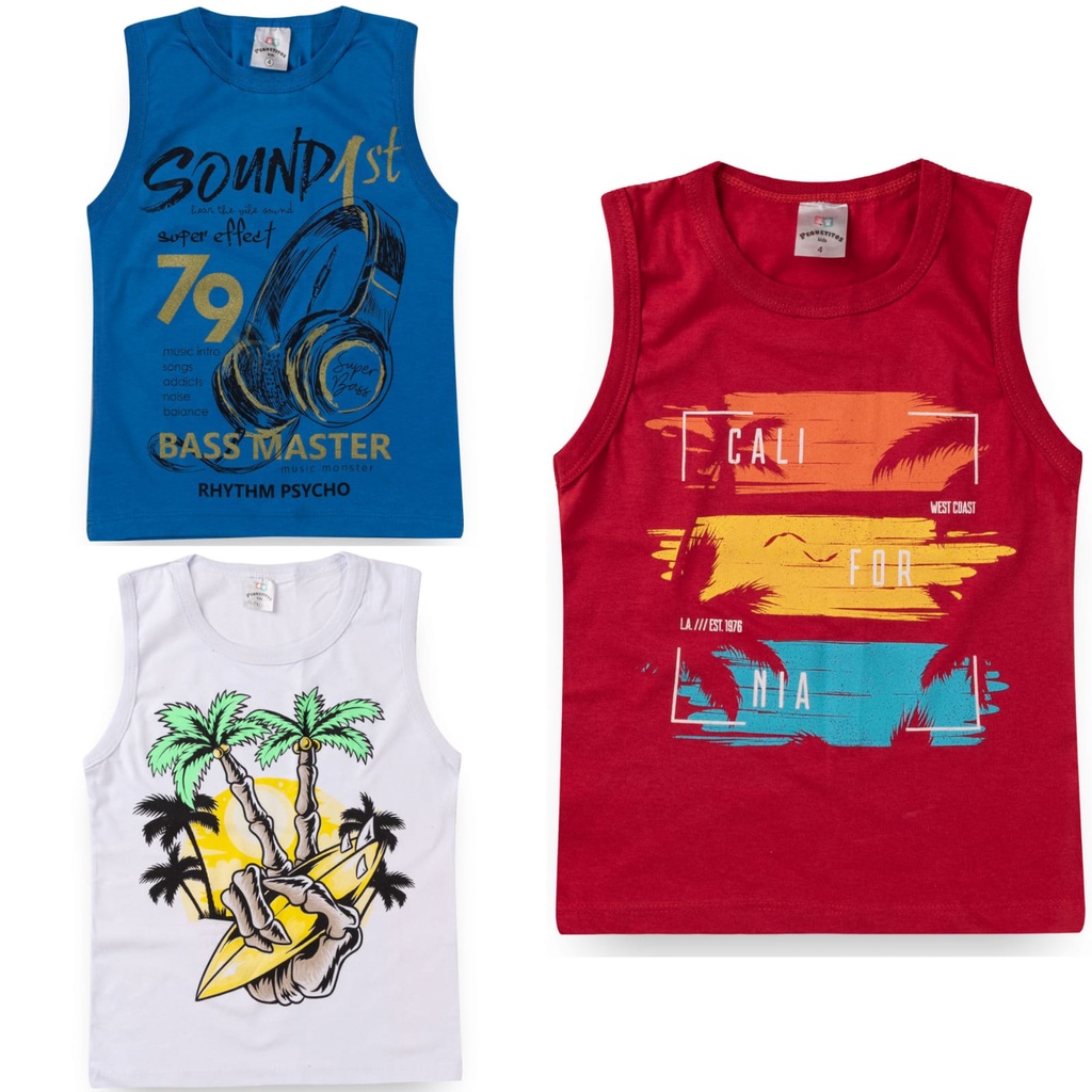 Kit 3 Regata infantil masculino menino camisas verão 2 ao 12