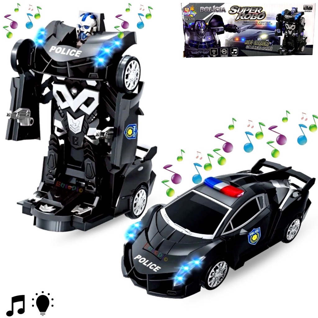 Carro de Polícia Vira Robô Brinquedo Bate e Volta C/ Som Luz Transformers