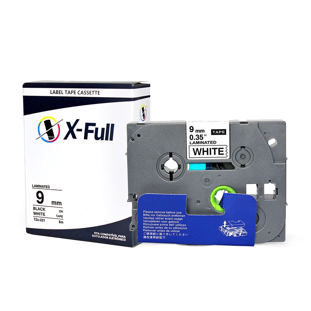 Fita Rotuladora X-Full TZc-221 TZ-221 TZe-221 9mm x 8m Branco/Preto Compatível p/ PT-1010 PT-1290